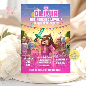 May include: A pink and blue invitation with the name "Olivia" and the text "Has reached level 7, join us to celebrate!" A pixelated girl holds a sword. Includes event details: date, time, and location.