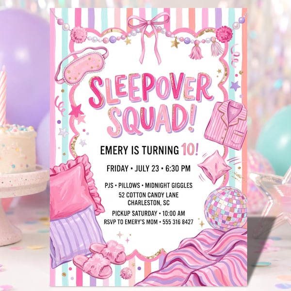 Sleepover Squad Birthday Invitation | Girls Sleepover Party Invite | Slumber Party Invitation | Kids Sleepover | Editable Canva |