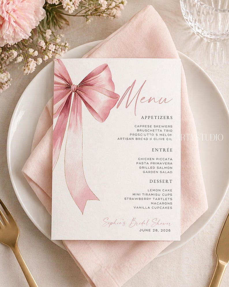 Bow Menu Template, Editable Canva Menu, Bridal Shower Menu, Wedding ...