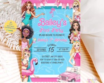 May include: A pink and blue pool party invitation featuring illustrations of girls in swimwear. The invitation reads "Bailey's Pool Party" and includes party details such as the date, time, and location. The invitation is registered at Sparkly Party Studio.