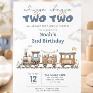 Op de afbeelding: Verjaardagsuitnodiging met een aquarel illustratie van een trein. De tekst luidt "chugga chugga TWO TWO" en "Noah's 2nd Birthday". Bevat datum, tijd en RSVP-informatie.