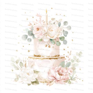 Può includere: Illustrazione ad acquerello di una torta a due piani decorata con fiori rosa e bianchi, verde e una candela accesa. Dettagli dorati adornano i bordi della torta. Il design ha un'estetica morbida e romantica, ideale per le celebrazioni.