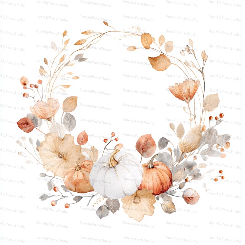 12 Autumn Pumpkin Wreath Clipart JPG, Watercolor Fall Floral Wreath ...