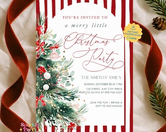 May include: A Christmas party invitation with a festive design. The invitation features a Christmas tree illustration with red bows and ornaments. The text reads "You're invited to a merry little Christmas Party". The background has red and white stripes.