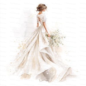 Peut inclure: Illustration à l'aquarelle d'une mariée dans une robe de mariée blanche fluide avec des détails en dentelle. La robe a une longue traîne et est associée à un bouquet de fleurs blanches. La mariée a les cheveux relevés et est tournée.