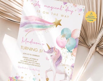 May include: A party invitation with a unicorn theme. The invitation features a watercolor illustration of a unicorn, balloons, and a shooting star. Text includes "A magical day is on the way" and details for a birthday celebration.