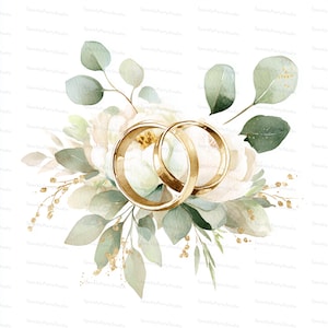 Pode incluir: Ilustração em aquarela de duas alianças de casamento douradas entrelaçadas, em um fundo de flores brancas e folhagem verde. O design inclui folhas de eucalipto e detalhes dourados, ideal para convites de casamento.