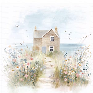 May include: Watercolor painting of a stone cottage by the sea. The cottage has a gray roof, white-framed windows, and a blue door. A sandy path leads to the cottage, surrounded by wildflowers and tall grasses. Birds fly in the sky.
