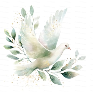 Può includere: Illustrazione ad acquerello di una colomba bianca in volo, circondata da foglie verdi e accenti dorati. Le ali dell'uccello sono spiegate e l'immagine ha una qualità morbida ed eterea. Adatta per arte murale o inviti.