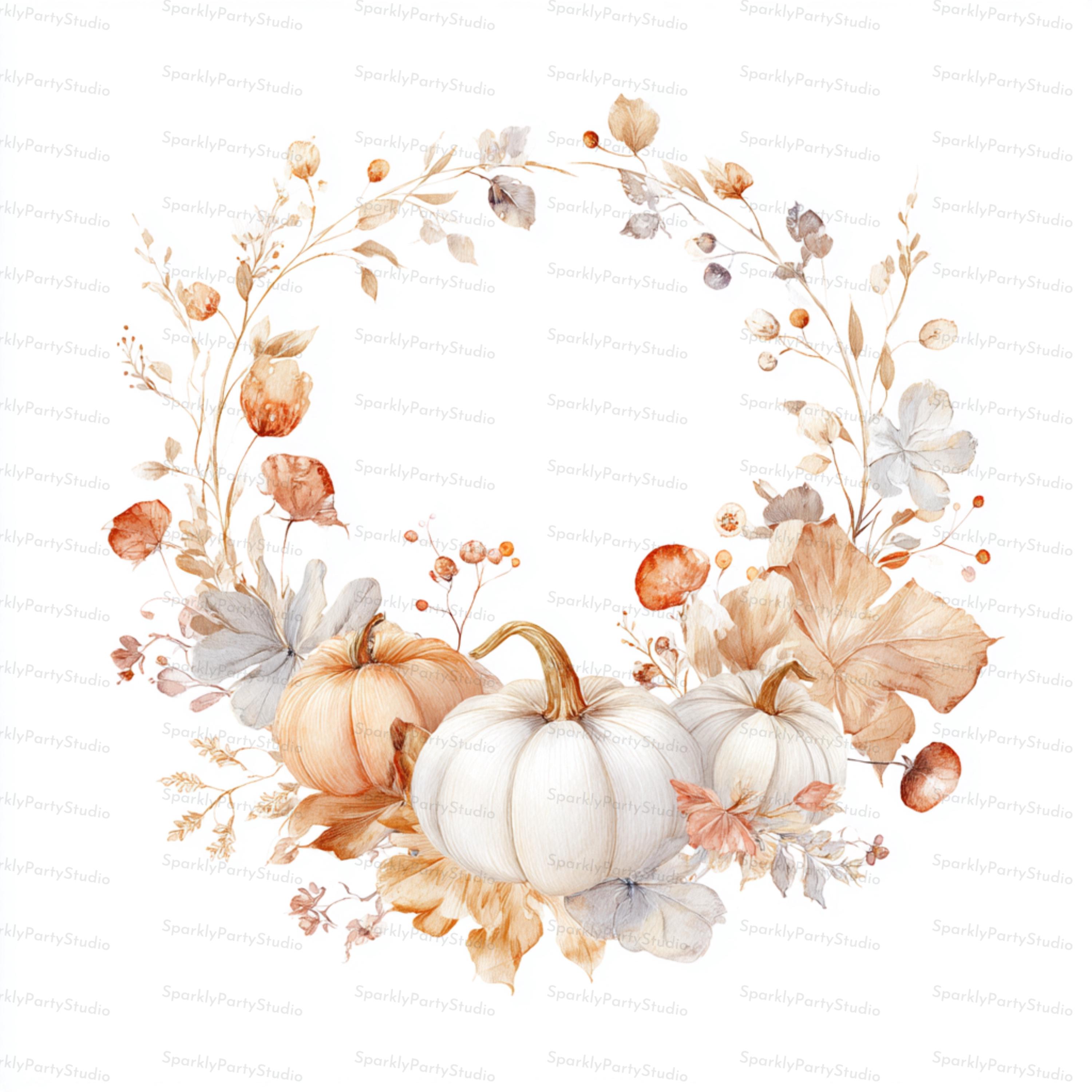 12 Autumn Pumpkin Wreath Clipart JPG, Watercolor Fall Floral Wreath ...