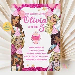 Faire-part d'anniversaire pour poupée rose mode Faire-part d'anniversaire pour filles, poupée mignonne, thème, inviter pour la fête, téléchargement immédiat, rose Evite, modifiable