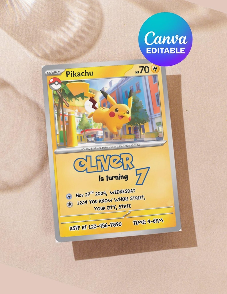 May include: A Pikachu-themed birthday invitation card. The card features a yellow Pikachu character illustration, the name "Oliver", and the number "7". It includes event details: date, time, and RSVP information. The card is labeled "Canva Editable".