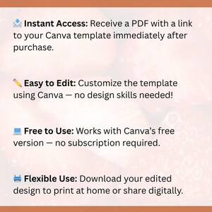 May include: A digital product information graphic with text on a brown background. The text explains how a Canva template works: instant access, easy to edit, free to use, and flexible use. The bottom text reads "NOT A PHYSICAL PRODUCT."