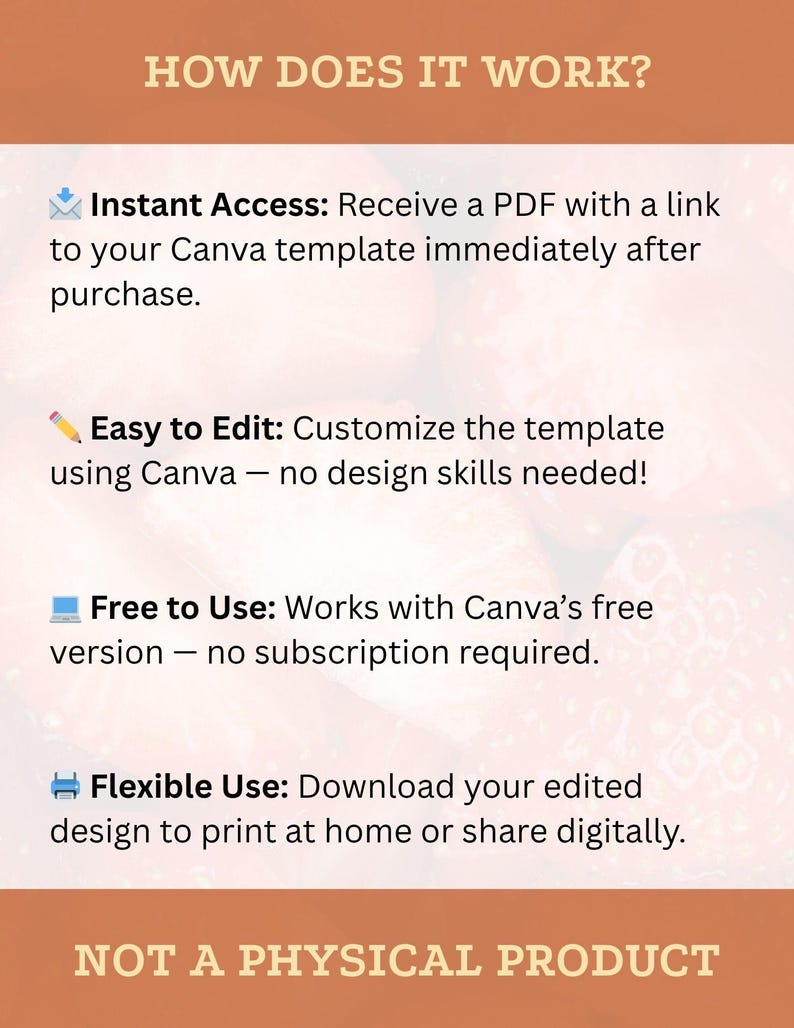 May include: A digital product information graphic with text on a brown background. The text explains how a Canva template works: instant access, easy to edit, free to use, and flexible use. The bottom text reads "NOT A PHYSICAL PRODUCT."
