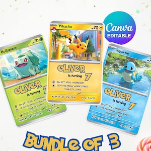 Modello modificabile per invito di compleanno a tema Pokémon / Pacchetto di 3 carte Pokémon / Invito di compleanno modificabile Pikachu, Squirtle, Bulbasaur su Canva