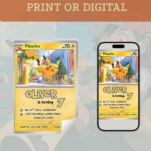 May include: A birthday invitation featuring a Pikachu card design and a smartphone mockup. The card includes the text "Oliver is turning 7" with event details. The background is a cartoon illustration.
