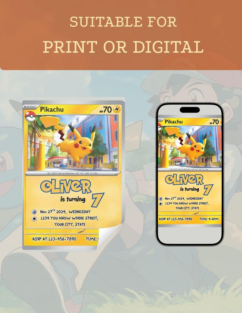 May include: A birthday invitation featuring a Pikachu card design and a smartphone mockup. The card includes the text "Oliver is turning 7" with event details. The background is a cartoon illustration.