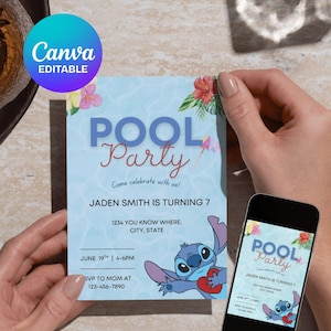 Editable Stitch Pool Party Invitation | Pool Birthday Party Invitation Template | Canva Editable Summer Pool Party Birthday Invite Stitch