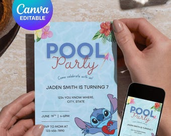 Editable Stitch Pool Party Invitation | Pool Birthday Party Invitation Template | Canva Editable Summer Pool Party Birthday Invite Stitch