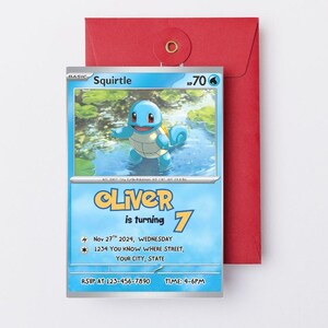 May include: A custom Squirtle-themed birthday invitation card with a red envelope. The card features a Squirtle illustration and the text "Oliver is turning 7" along with event details. The card is designed with a blue and white color scheme.
