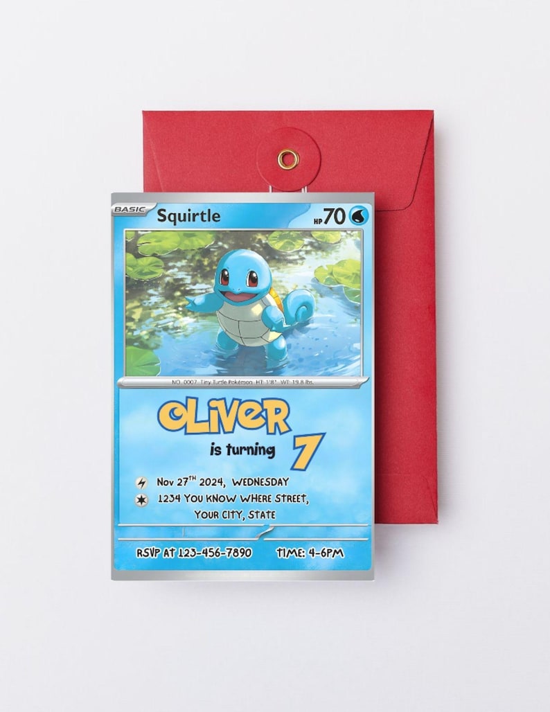 May include: A custom Squirtle-themed birthday invitation card with a red envelope. The card features a Squirtle illustration and the text "Oliver is turning 7" along with event details. The card is designed with a blue and white color scheme.