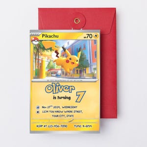 May include: A Pikachu-themed birthday invitation card with a yellow and white design, featuring the text "Oliver is turning 7". The card includes the date, time, and RSVP information, and is paired with a red envelope.