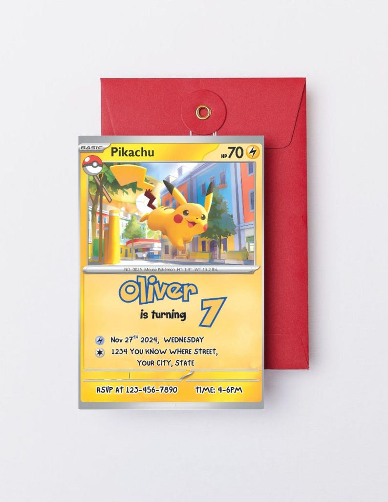 May include: A Pikachu-themed birthday invitation card with a yellow and white design, featuring the text "Oliver is turning 7". The card includes the date, time, and RSVP information, and is paired with a red envelope.