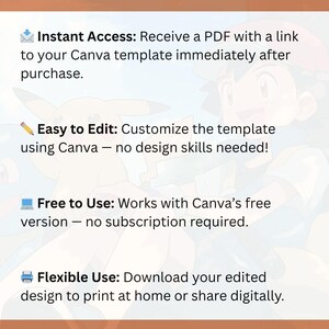 May include: A tan and white graphic with the text "HOW DOES IT WORK?" and bullet points describing the use of a Canva template. The text includes "Instant Access", "Easy to Edit", "Free to Use", and "Flexible Use". The bottom of the graphic reads "NOT A PHYSICAL PRODUCT".
