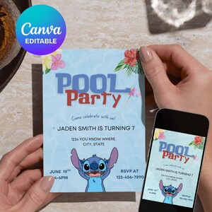 Editable Stitch Pool Party Invitation | Pool Birthday Party Invitation Template | Canva Editable Summer Pool Party Birthday Invite Teen
