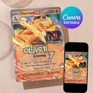 Modèle modifiable d'invitation d'anniversaire Pokémon Carte d'invitation Dracaufeu | Carte d'anniversaire Pokémon modifiable Canva, invitation Pokémon imprimable
