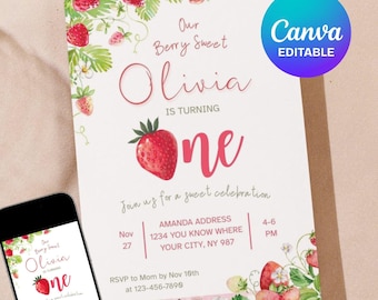 Editable Birthday Invite Template Berry Sweet One | First Birthday Party Girl Birthday Invitation Template | Canva Berry First Invite Girl