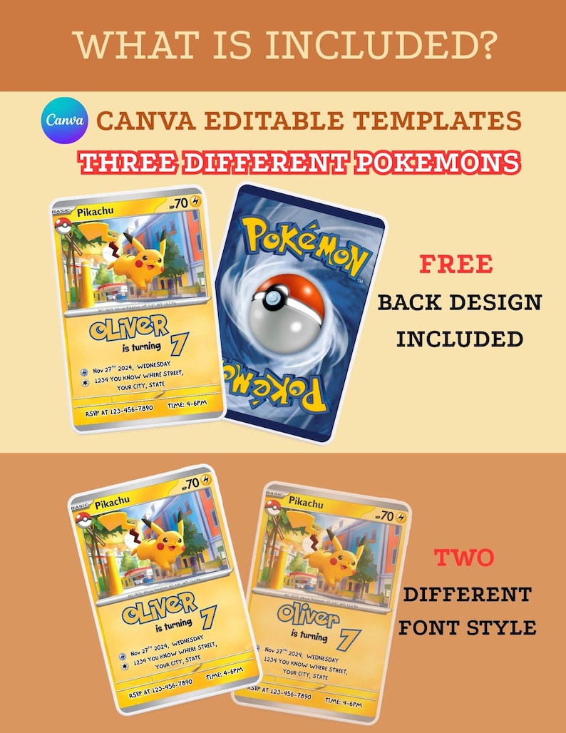 May include: A promotional image for Canva editable templates featuring three different Pok&eacute;mon designs. The image includes a Pikachu card, a Pok&eacute;mon card back, and text that reads "What is Included?" and "Free Back Design Included."
