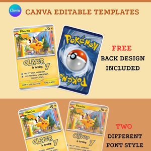May include: A promotional image for Canva editable templates. The image features two Pikachu-themed birthday party invitations, a Pok&eacute;mon card back design, and the text "What is Included?" and "Free Back Design Included."