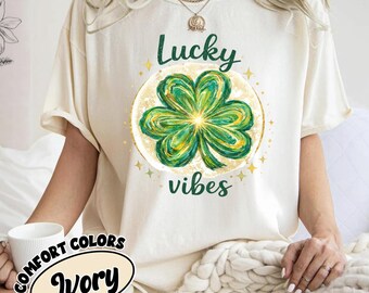 Lucky Vibes Comfort Colors® Shirt, Retro Clover Graphic Tee, Positive Vibes Shirt, Aesthetic Lucky Shirt, Cute Green Graphic T-Shirt