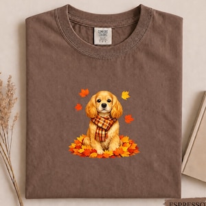 Cocker Spaniel Fall Shirt, Cute Autumn Cocker Spaniel Graphic Tee, Cozy Cocker Spaniel Shirt, Cute Dog Autumn Leaves Comfort Colors Tee