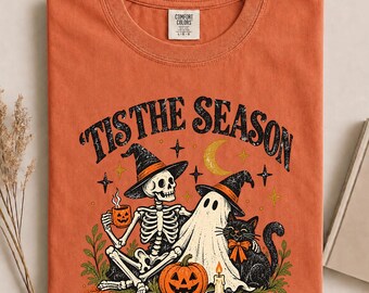 Camiseta de Halloween con colores cómodos, camiseta retro de esqueleto y fantasma, camiseta vintage de temporada espeluznante, estampado de gato negro de Halloween