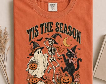 Camiseta de Halloween con colores cómodos, camiseta vintage de fantasma, esqueleto y gato negro, estampado retro de temporada espeluznante, regalo de Halloween