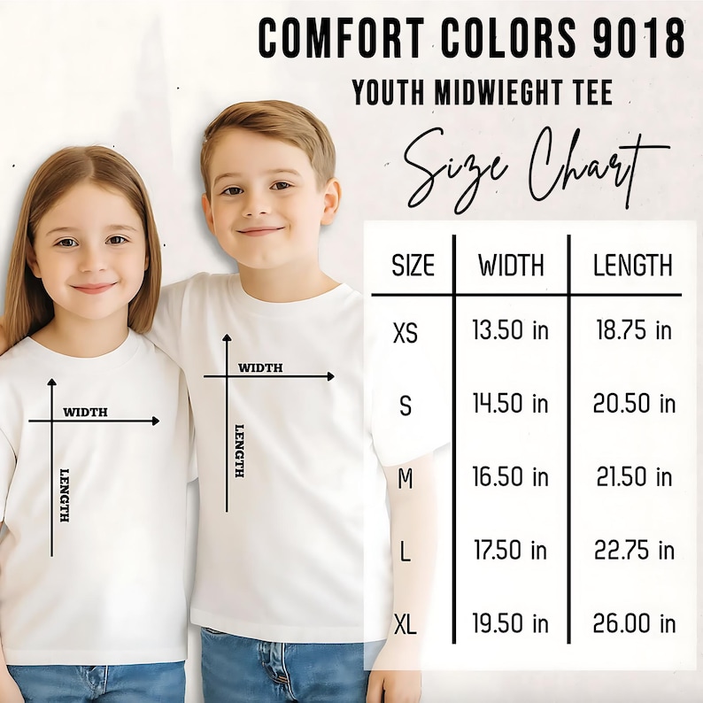 Puede incluir: Una tabla de tallas para la camiseta de peso medio para j&oacute;venes Comfort Colors 9018, que muestra medidas de ancho y largo en pulgadas para tallas de XS a XL, desde 13.50 por 18.75 pulgadas hasta 19.50 por 26.00 pulgadas, en formato de tabla.