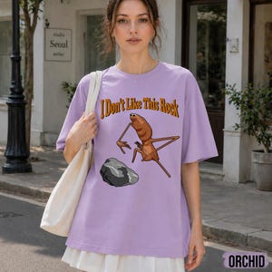 May include: A light purple short-sleeve t-shirt featuring a graphic of a brown insect-like creature standing near a grey rock. Above the creature, the text reads "I Don't Like This Rock" in a bold, orange, outlined font. The shirt has a crew neckline.