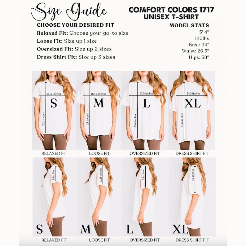 Puede incluir: Una gu&iacute;a de tallas para camisetas unisex Comfort Colors 1717 que muestra cuatro tallas de la S a la XL. El gr&aacute;fico presenta vistas frontales y laterales con medidas en pulgadas para ancho, largo y manga, junto a las estad&iacute;sticas del modelo.