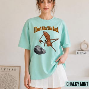 May include: A light mint green short-sleeve t-shirt featuring a brown insect illustration and a grey rock graphic. The text "I Don't Like This Rock" is printed in brown above the insect. The shirt has a crew neckline and a relaxed fit.