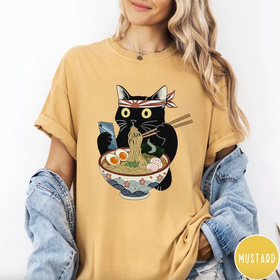 Funny Black Cat Ramen Comfort Colors® shirt, Cat Eating Ramen Graphic Shirt, Cute Cat Food Tee, Ramen Lover Gift, Anime Cat Shirt