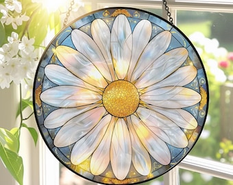 Daisy Stained Glass Suncatcher, Flower Window Hanging, Lucky Gift for Loved One, Sunshine Bloom Art, Nature Lovers Decor, Sunshine Bloom Art