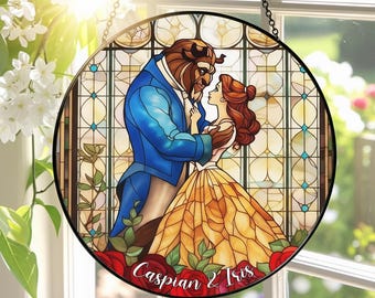 Beauty and The Beast Stained Glass Suncatcher, Custom Couple Name Window Hanging, Anniversary Gift, Keepsake for Her, Valentine's Day Gift