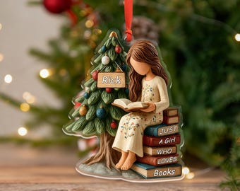 Just A Girl Who Loves Books Ornament,Custom Name 2D FLAT Acrylic Keepsake,Bookworm Xmas Gift For Readers,Bookish Ornament,Book Lover Gift