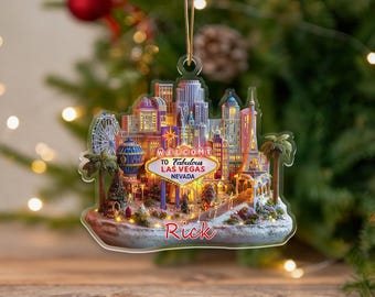 Personalized Las Vegas Christmas Ornament,Custom Name 2D Flat Acrylic Keepsake,Vegas Holiday Decor,Gifts for Traveler,City Skyline Ornament