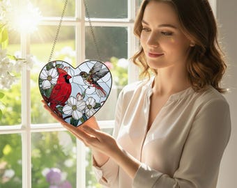 Heart Cardinal & Hummingbird Glass Suncatcher,Bird Flower Window Hanging,Indoor Decor,Bird Lover Gift,Gift for Her,Nature Art Home Decor