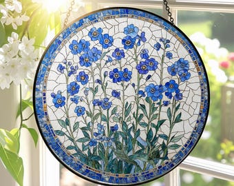 Forget Me Not Stained Glass Suncatcher,Memorial Window Hanging,Window Decor,Present For Mom,Grandma,Sympathy Gifts,Floral Lover SunCatcher