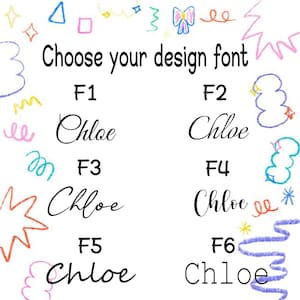 May include: A white chart displaying six different font options labeled F1 through F6, each showing the name Chloe in a distinct typeface. The border is decorated with colorful, hand-drawn doodles including stars, clouds, and squiggles.