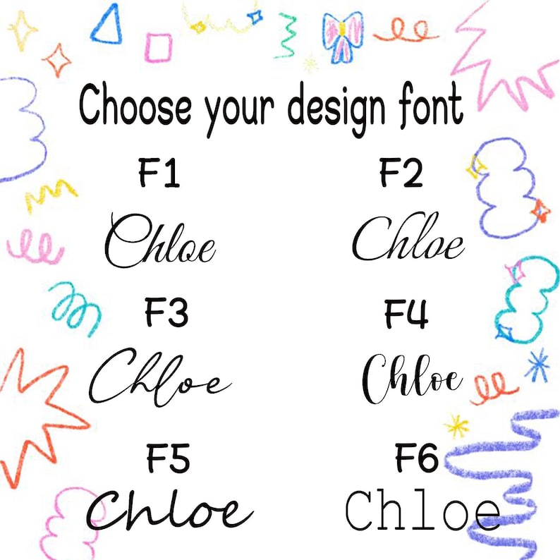 May include: A white chart displaying six different font options labeled F1 through F6, each showing the name Chloe in a distinct typeface. The border is decorated with colorful, hand-drawn doodles including stars, clouds, and squiggles.